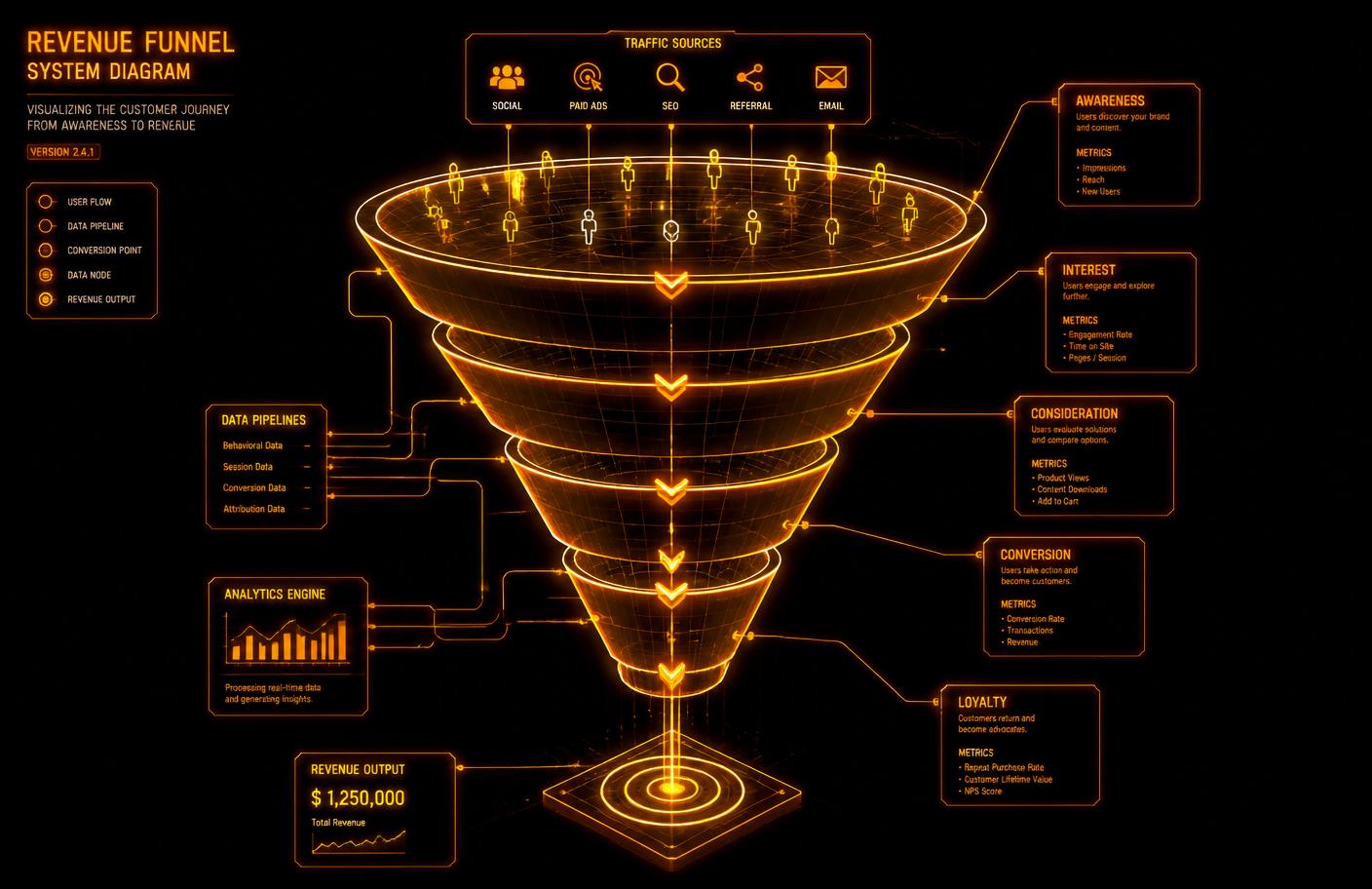 Instrumented revenue funnel diagram from awareness to renewal