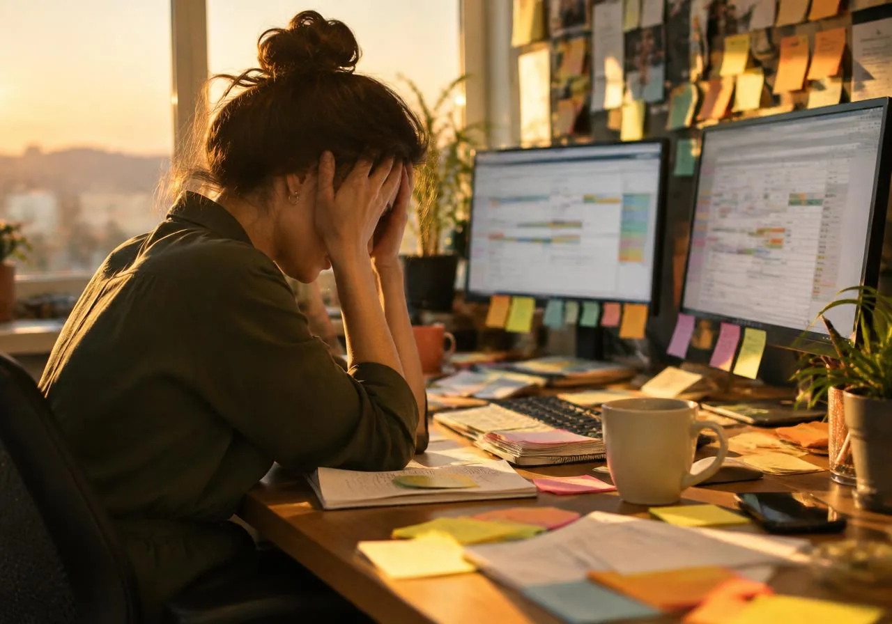A manager overwhelmed by sticky notes and spreadsheets
