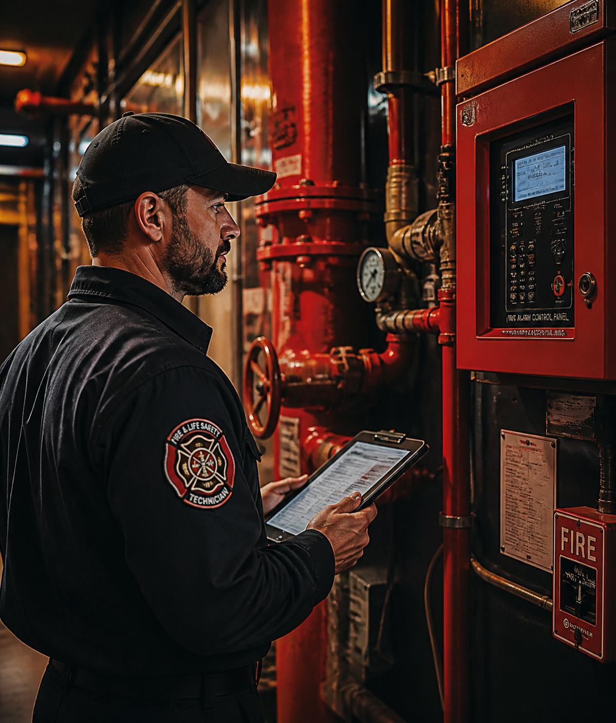 Fire and life safety technician inspecting a sprinkler riser and alarm control panel
