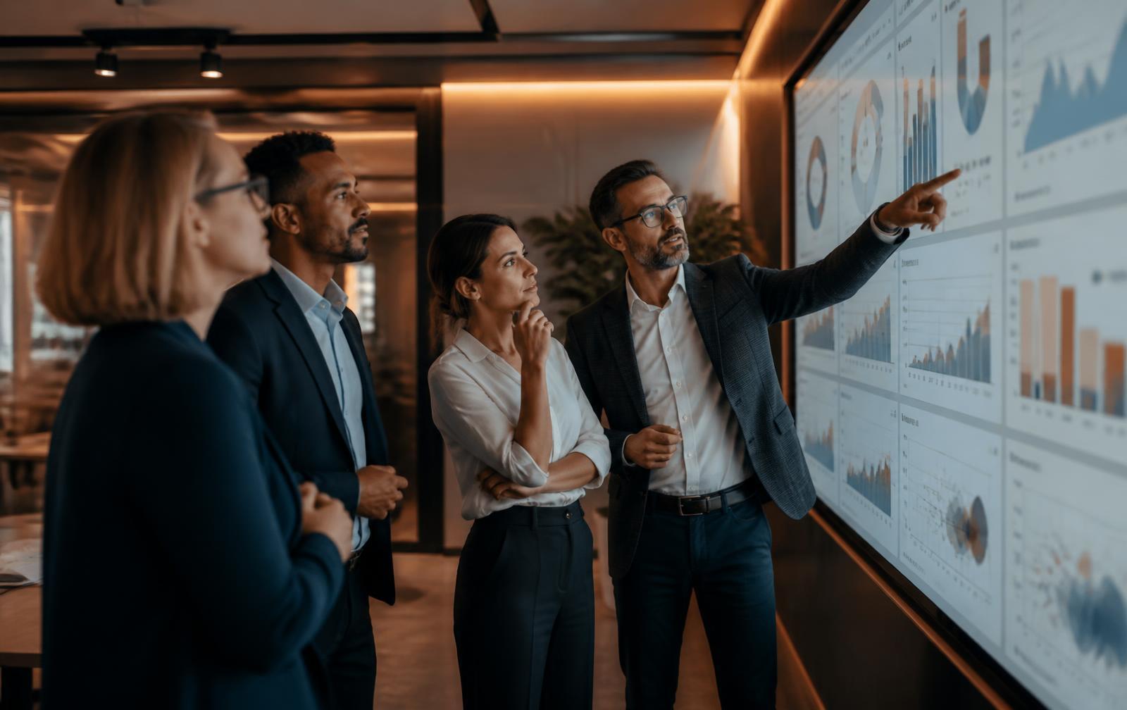 Marketing leadership team reviewing pipeline dashboards on a wall display