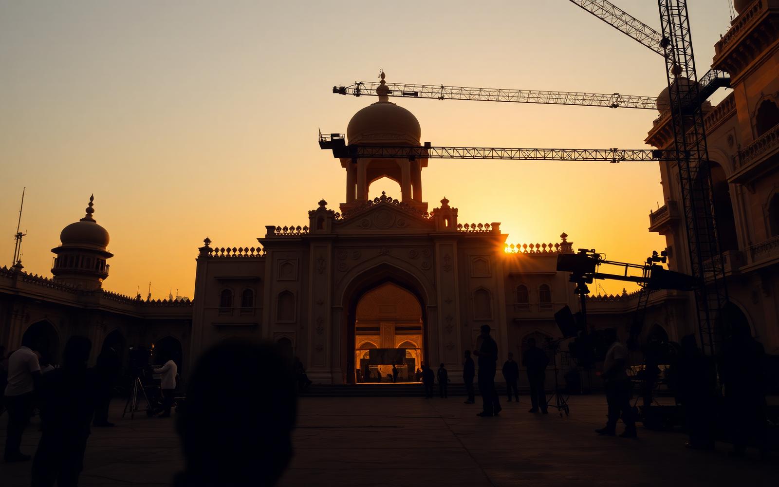 Punjab Film City backlot at golden hour with film cranes and crew on set