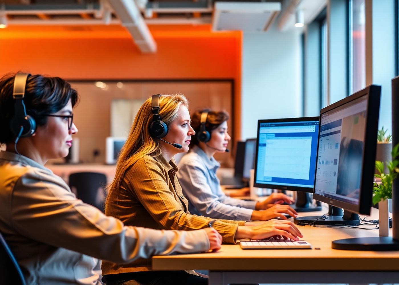 Tele-sales team wearing headsets, working at CRM screens