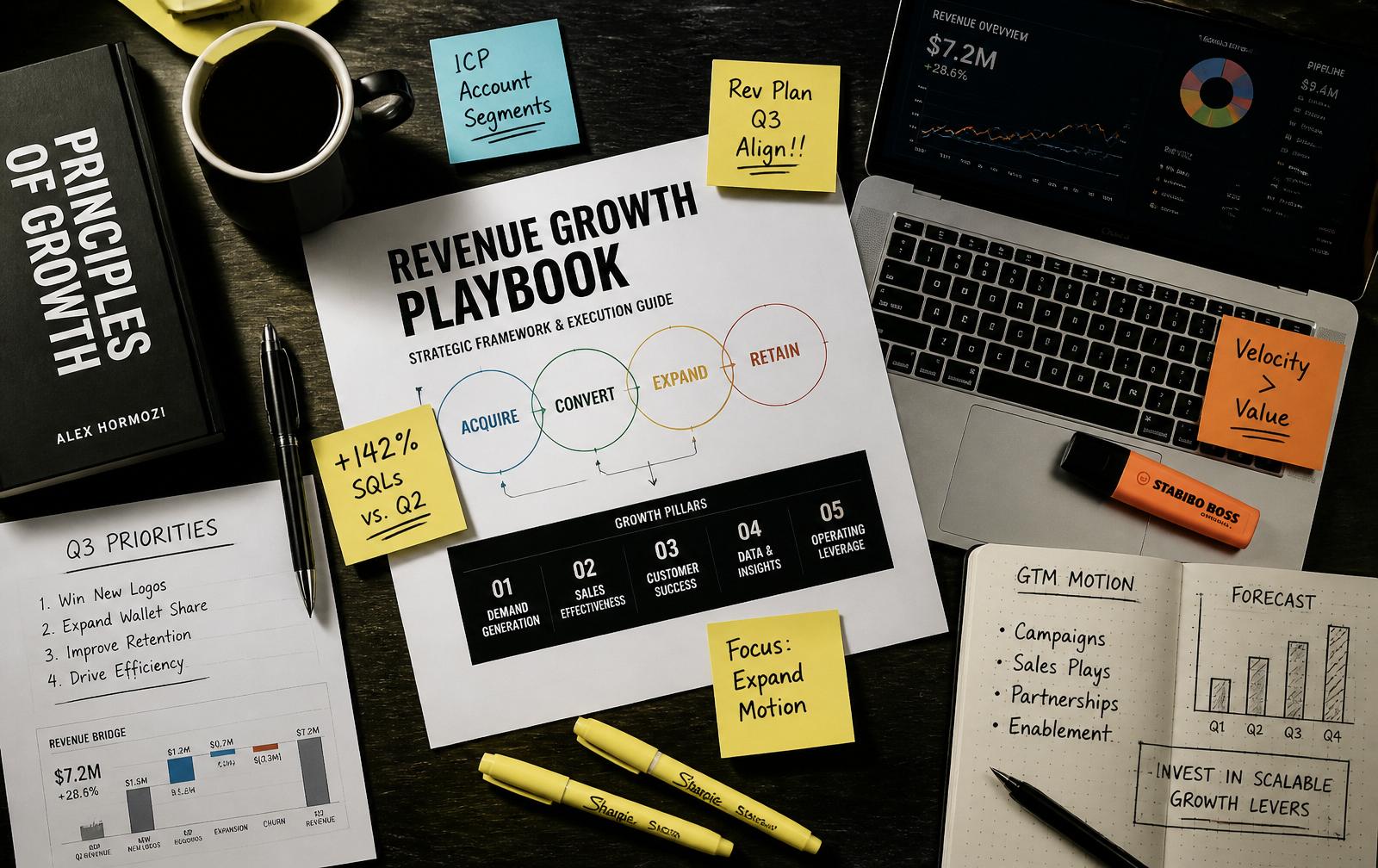Revenue growth playbook on a strategist's desk with sticky notes